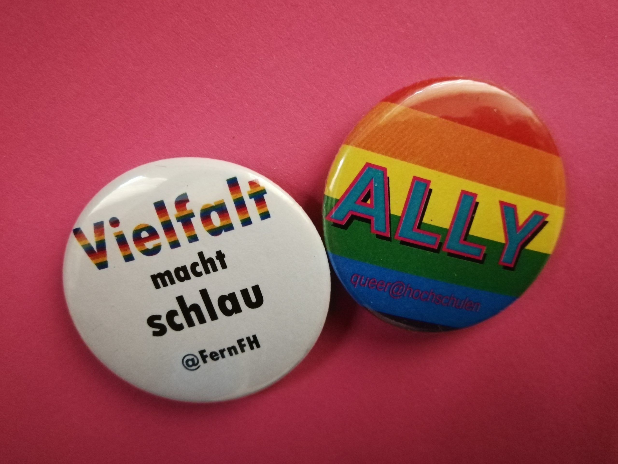 Buttons mit den Aufschriften Vielfalt macht schlau @FernFH und Ally queer@hochschulen