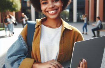 Junge Frau steht lachend mit Laptop in der Hand am Hochschulcampus